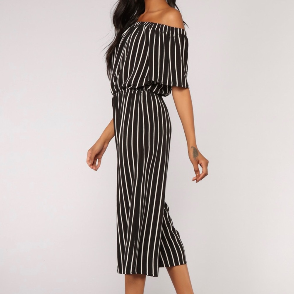 Fashion Nova Off the Shoulder Stripe Jumpsuit